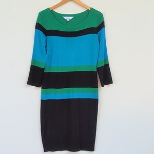 Exclusively Misook Green and Blue Color Block Midi Knit Dress - M